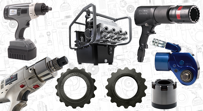 A compilation of HYTORC products, including hydraulic, electric, and pneumatic torque wrenches, pumps and fasteners.