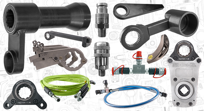 A compilation of HYTORC accessories, including reaction arms, offset links, hydraulic hoses, backup wrenches, and more.